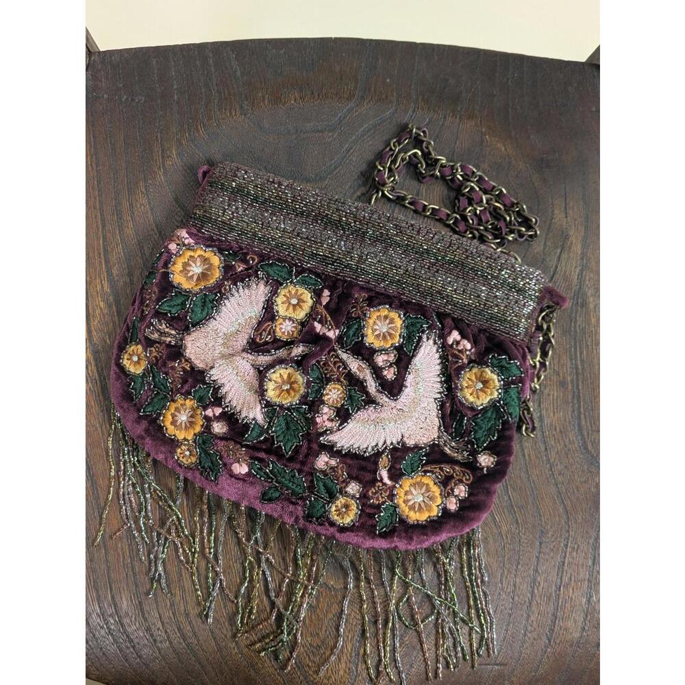 Zara burgundy velvet crane sequin shoulder bag